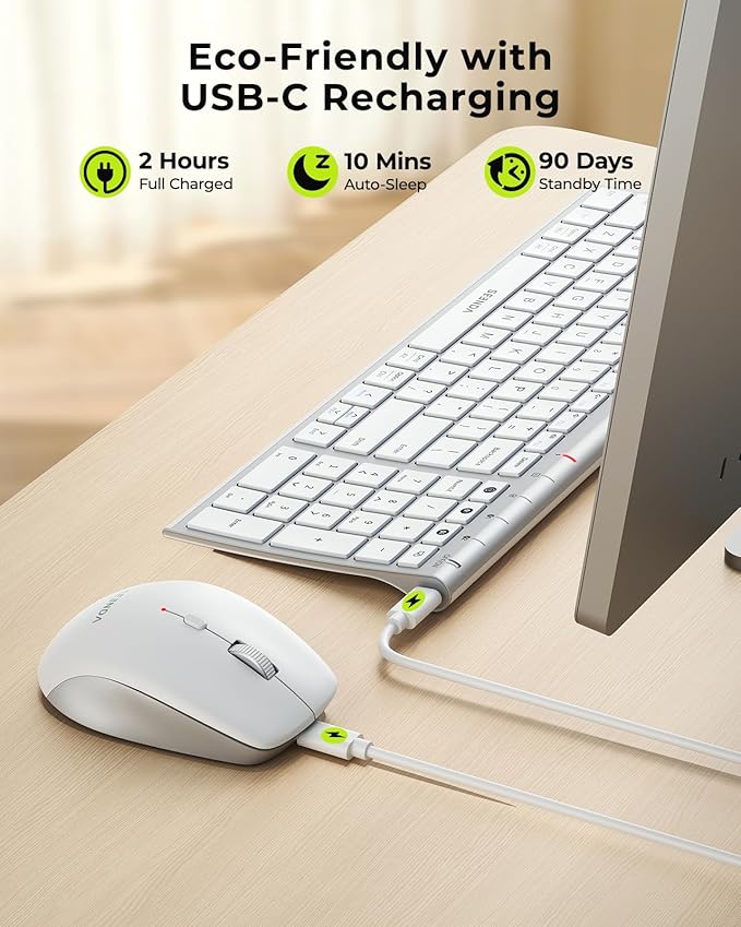 seenda Wireless Bluetooth Keyboard and Mouse Combo, COE401 Rechargeable Slim Keyboard Mouse, 3 Multi-Device Connection, Compact Quiet Set Compatible for Mac/Windows Laptop MacBook iPad, White Silver