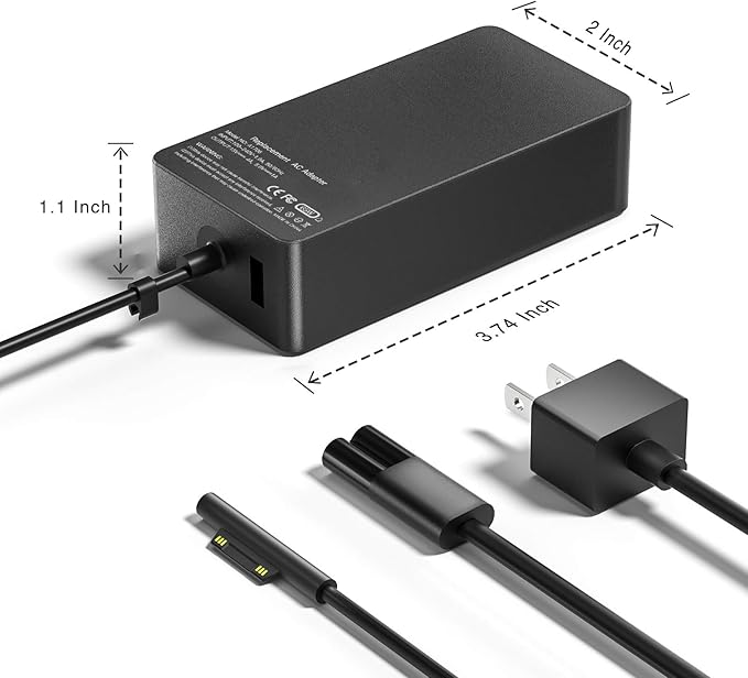 65W Surface Pro Laptop Charger for Microsoft Surface Pro 10/9/8/7/6/5/4/3/X, Windows Surface Laptop 6/5/4/3/2/1, Surface Book 3/2/1, Microsoft Surface Go 3/2/1, Surface Charger Supports 44W 36W
