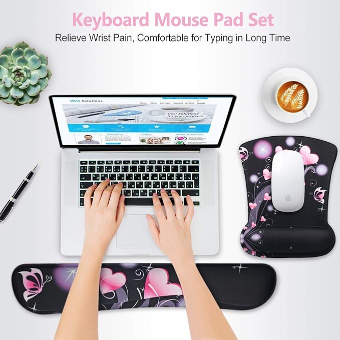 ToLuLu Keyboard Wrist Rest Pad Ergonomic Mouse Pad Set, Cute Mouse Pad for Computer Laptop, Non Slip Mousepad Keyboard Wrist Support with Raised Memory Foam for Easy Typing Pain Relief, Pink Hearts