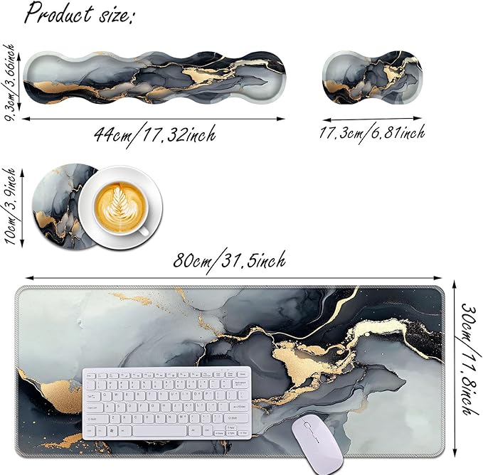 Keyboard Wrist Rest and Mouse Pad Wrist Support Set,Ergonomic Memory Foam Wrist Pad & Non Slip Base for Home Office Working Studying Easy Typing,Black Gold Marble