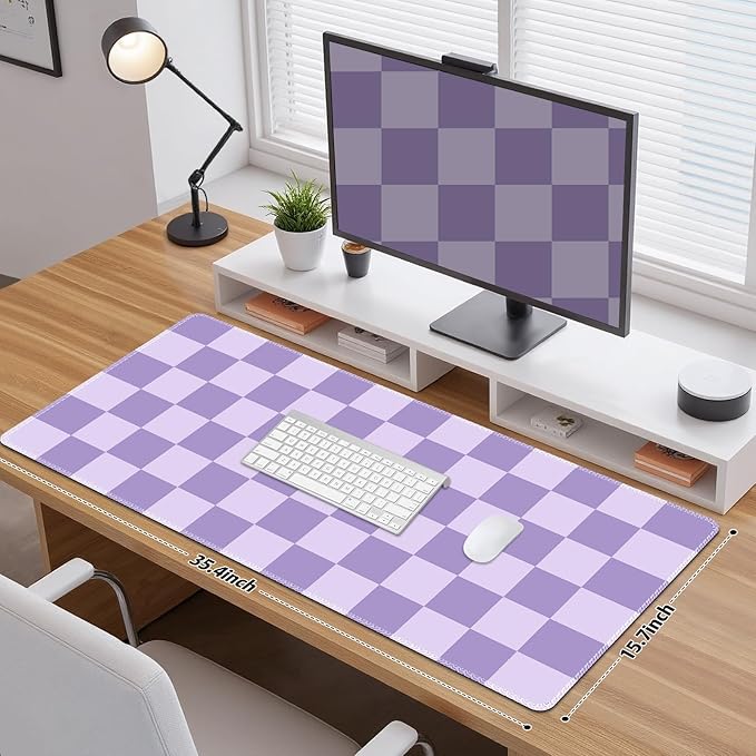 Desk Mat for Keyboard and Mouse, Large Non-Slip Mouse Pad Keyboard Pad, Computer Mats for Desktop, Cute Desk Pad with Stitched Edges for Office, Gaming I Pastel Purple Checkered