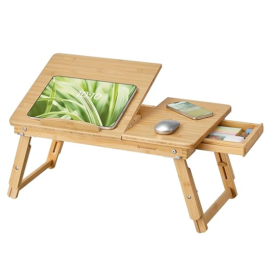 SONGMICS Bed Laptop Desk, Folding Bed Tray for Laptop up to 15.6 Inches, Adjustable Angle and Height, Portable for Working Reading Writing Breakfast, Bamboo, Drawer, Light Bamboo ULLD01N