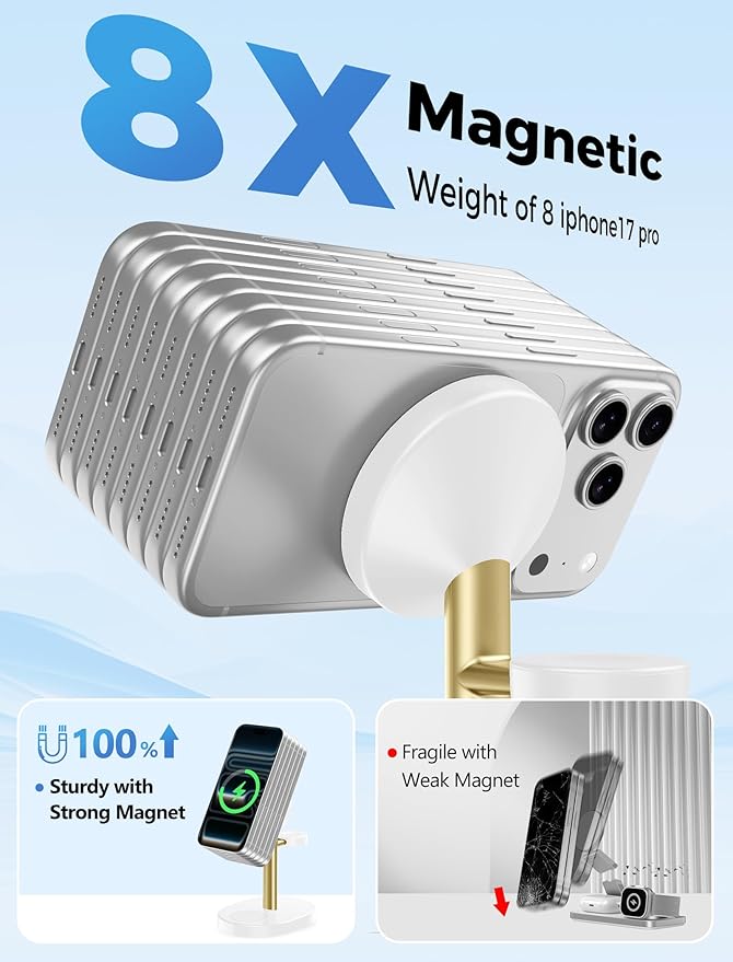 2026 3 in 1 Wireless Charging Station for Apple MagSafe Charger, 15W Fast Magnetic Mag-Safe Charger Stand for iPhone 17 16 15 14 13 12 Apple Watch AirPods Series, Gold&White