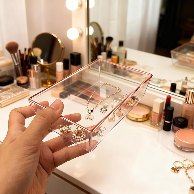 6 Pack Large Size Clear Stackable Drawer Organizer Trays, Rose Gold Rim Makeup Drawer Storage Tray Divider, Desk Storage for Makeup, Jewelry, Bathroom, Stationary, Kitchen Utensils and Office Desk