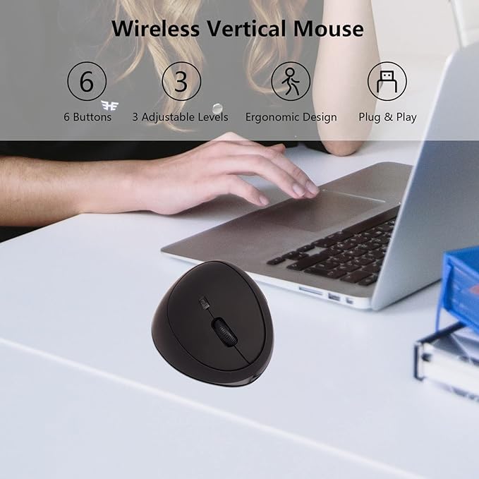 3C Light 2.4G Wireless Vertical Mouse,Ergonomic Vertical Optical Mouse Cute Mini Mice with Adjustable Sensitivity (800/1200/1600 DPI), 6 Buttons for PC, Desktop, Laptop, Notebook (Vertical Black)
