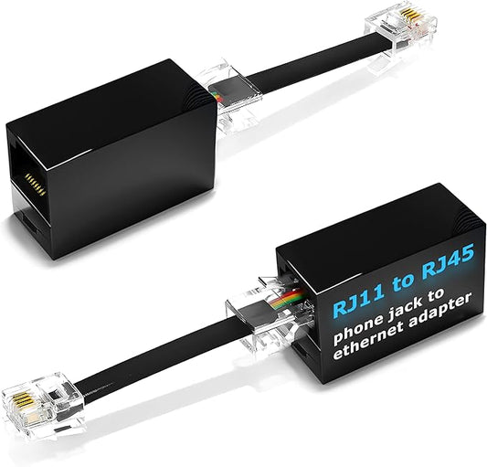 2-Pack Phone Line to Ethernet Adapter – RJ45 Female to RJ11 Male for Landline, Fax, DSL Modem Connection (Black, Made in USA)