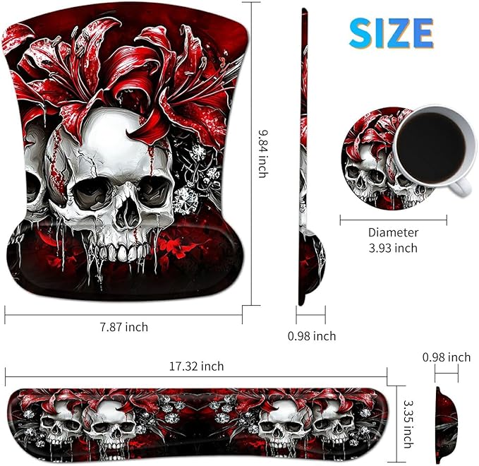 Ergonomic Mouse Pad with Wrist Support Gel Mousepads and Upgrade Keyboard Wrist Rest Pad Set, Coasters Non-Slip PU Base Mouse Mat for Office Gaming Computer Laptop Home, Red Flower Skull