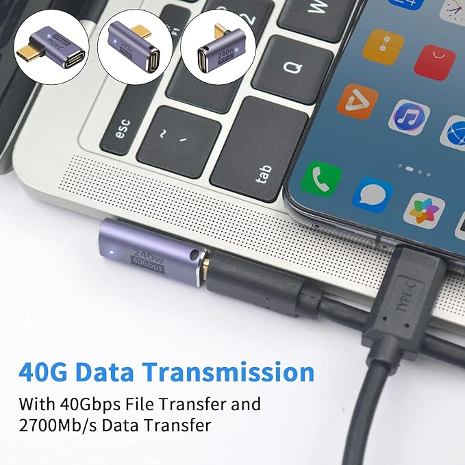 Duttek USB C 90 Degree Adapter [40Gbps, 240W Fast Charging and 8K Video ] USB C Angle Adapter Support Thunderbolt 4/3 Cable for Laptop, Tablet and Phones (3 Pack)