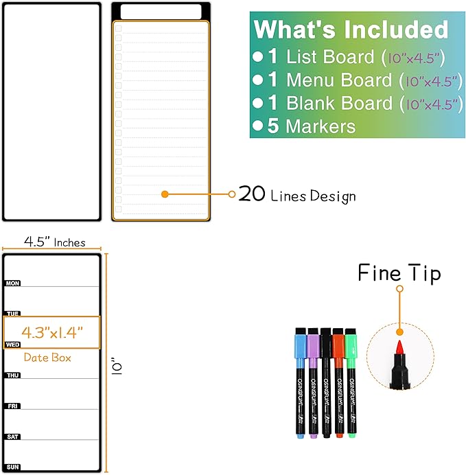 Magnetic Whiteboard for Fridge 3 Pcs 4.5"x10" Magnetic Dry Erase Board for Refrigerator Magnet to Do List White Board for Fridge Weekly Menu Board for Kitchen Meal Planner 5 Ultra Fine Tip Markers