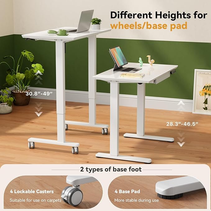Glass Standing Desk with Drawer, 35×20Inch Whole Piece Height Adjustable Rising Desk, Electric Sit Stand Desk with Wheels, Small Computer Desk, White