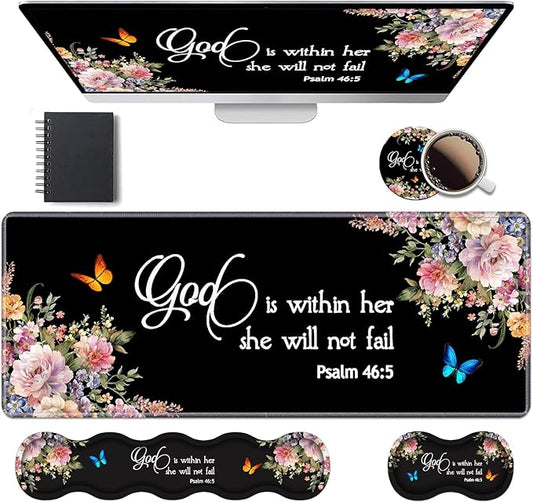 Ergonomic Keyboard Wrist Rest & Mouse Pad Wrist Rest Set, Large XXL Gaming Desk Mat 31.5"x 11.8" with Memory Foam, Easy Typing Pain Relief for Office & Home, Floral Quote Bible Verse Psalm 46:5
