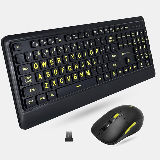X9 Performance Large Print Wireless Keyboard and Mouse Combo - Easy to See Yellow Letters for Seniors and Low Vision Users - 2.4Ghz Wireless Mouse and Keyboard Combo for PC