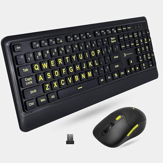 X9 Performance Large Print Wireless Keyboard and Mouse Combo - Easy to See Yellow Letters for Seniors and Low Vision Users - 2.4Ghz Wireless Mouse and Keyboard Combo for PC