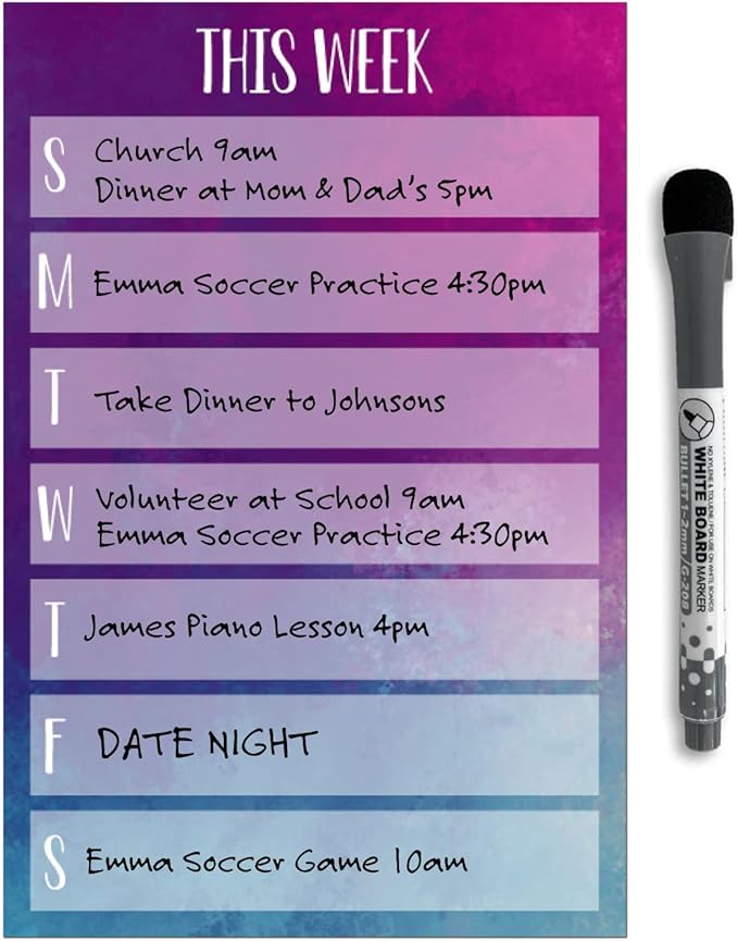 Dry Erase Weekly Calendar Planner Sticker Decal | Removable & Reusable | Magnetic Fine-Tip Marker Included (6 x 9 inches, Watercolor)