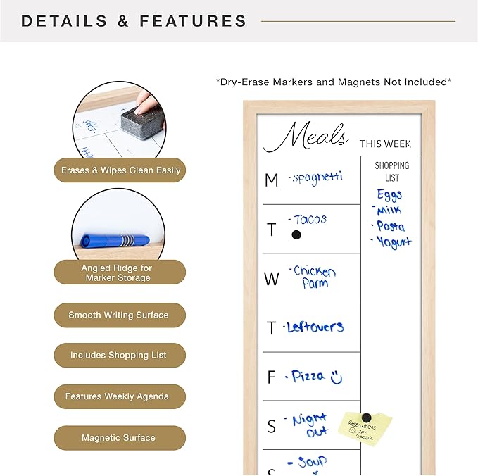 MCS Dry Erase Weekly Meal Planner 14x30 Natural Framed Calander Whiteboard for The Wall, Plan Your Meals for The Week, Family Weekly Planner for Dinners & More–Including Shopping List