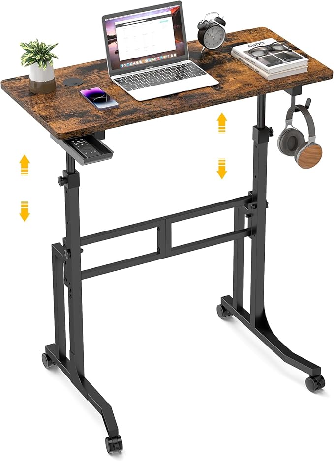 ikkle Standing Desk with Wheels, Adjustable Treadmill Desk, Rolling Bike Trainer Desk for Walking Pad Laptop, Phone Standing, Brown
