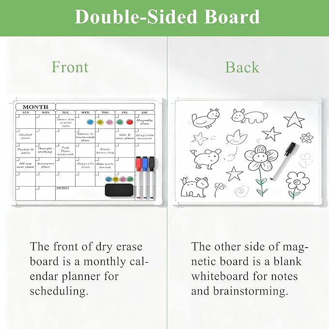 Monthly Whiteboard Calendar for Wall, 16" x 12" Small Hanging Dry Erase Calendar, Double-Sided White Board for Office, School, Kitchen, Kids Room
