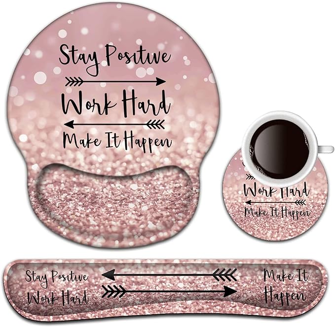 Keyboard Wrist Rest and Mouse Pad with Wrist Support, Ergonomic Mouse Pad Coaster, Easy Typing Pain Relief, Memory Foam Keyboard Mousepad Set,Stay Positive Work Hard and Make It Happen Pink