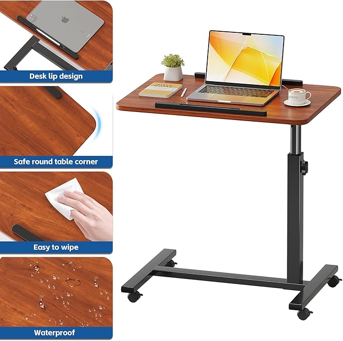 Laptop Table Mobile Adjustable Height Portable Desk Notebook Swivel PC Computer Rolling Desk with Wheels, Laptop Stand for Couch Bedside Hospital Bed Table (Dark Walnut)