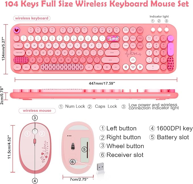 Wireless Keyboard Mouse,104 Full Size Cute Colorful Keyboard and Mouse with Retro Typewriter for PC/Mac/Laptop/Tablet/Computer/Windows/Microsoft, Pink