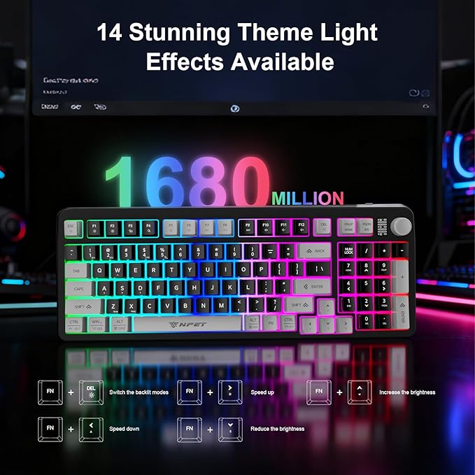 NPET Gaming Keyboard and Mouse Wireless with Tri-Mode, 98 Keys RGB Keyboard with Knob and Gaming Mouse, 12 Multimedia Keys for Wins, PC, Computer, Ideal for Gamer