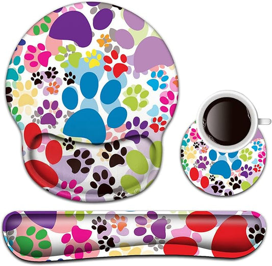Keyboard Wrist Rest and Mouse Pad with Wrist Support, Ergonomic Gel Mouse Pad Coaster, Comfortable Lightweight for Easy Typing Pain Relief, Memory Foam Keyboard Mousepad Set,Colorful Dog Paw