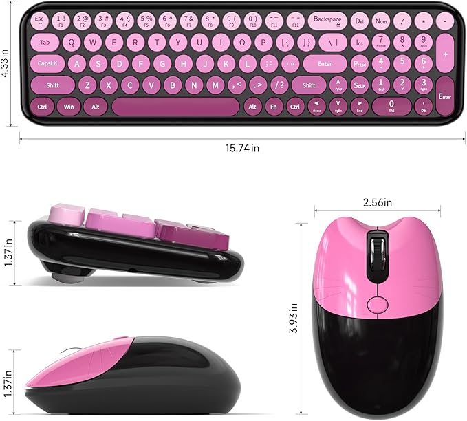 MOFII Wireless Keyboard and Mouse Combo, Compact Typewriter Retro Round Computer Keyboard and Mouse Set, Plug and Play, for Windows, Computer, Desktop, PC, Notebook - (Black Pink Gradient)