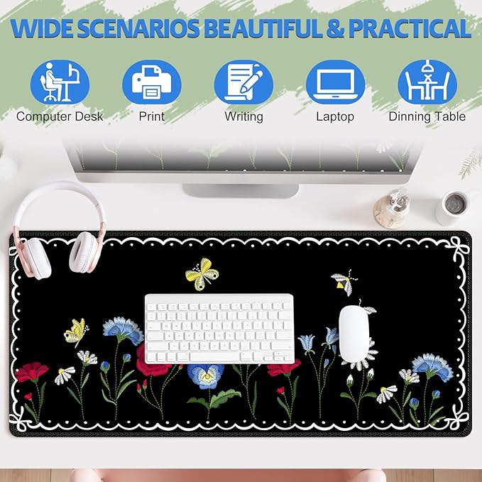 Desk Pad for Keyboard and Mouse, Large Mouse Pad for Desk, Non-Slip Keyboard Mat, Computer Mats for Desk, Desk Pad with Stitched Edges for Office, Gaming I Lovely Black Plants