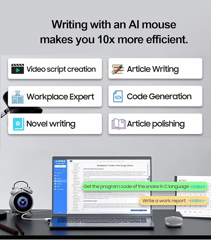 AI Wireless Mouse for Laptop PC- Enabled Bluetooth Mouse with Voice Recording & AI Summarize,Ergonomic Presenter Laser Pointer Remote,USB Rechargeable High-Performance Office Device