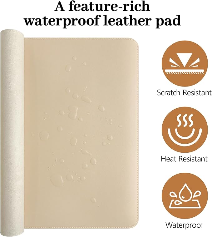 Beige Leather Desk Mat Large Mouse Pad, Waterproof Desk Pad for Keyboard and Mouse, Non-Slip Computer Desk Protector, Smooth Mouse Movement Desk Mat for Home and Office(31.5"×15.7")