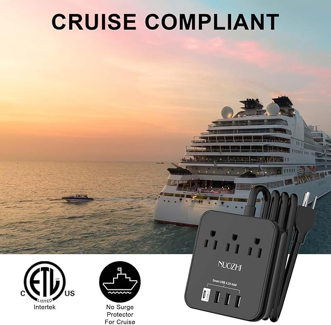 Cruise Essentials,10 Ft Power Strip with 3 Outlets and 4 USB Ports(1 USB C), Non Surge Protector for Cruise Ship, Travel, Home Office, ETL Listed, Black