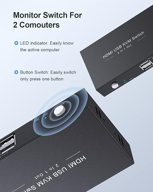 HDMI KVM Switch 1 Monitors 2 Computers, USB KVM Switches Sharing 4 USB, Support Wireless Keyboard and Mouse, Powered by USB, with 2 HDMI and 2 USB Cables…