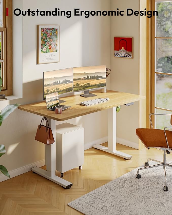 SANODESK Height Adjustable Electric Standing Desk 55x24 Inches, Sit Stand Desk with Splice Board for Home Office, Ergonomic Computer Workstation, Study & Gaming, White Frame/Maple Top