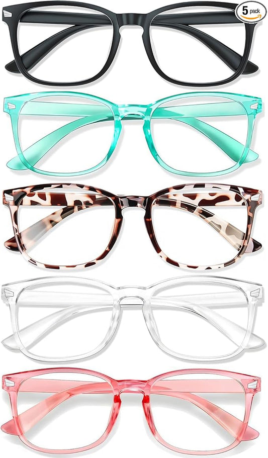 Blue Light Glasses for Woman Men | 99% Blue Light Blocking Glasses for Computer Gaming TV Phone Screen Square Frame | Anti Eyestrain & UV Glare Protection - 5 Pair