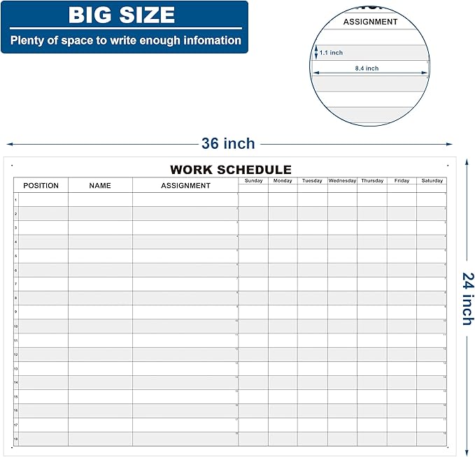 Large Work Schedule Board for Wall,24x36 Inch Reusable Week Employee Scheduling White Board,Job Planning Whiteboard Dry Erase Weekly Work Calendar for Property Hospital School & Restaurant