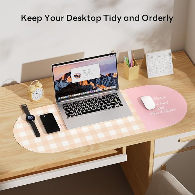 Checkered Pattern Desk Pad Protector, 35.5 x 13'' Aesthetic Mouse Mat for Desktop, Waterproof PU Leathe Non-Slip Desk Writing Pad for Office and Home, Orange and Pink