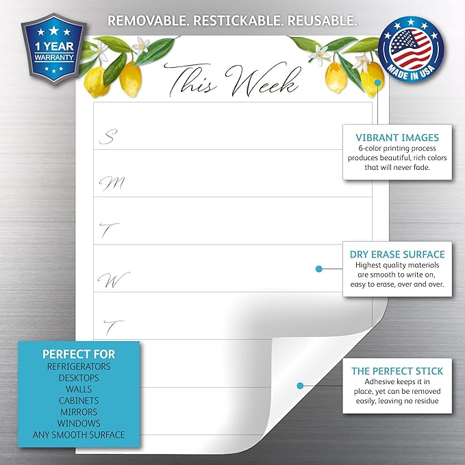 Dry Erase Weekly Calendar Planner Sticker Decal | Removable & Reusable | Magnetic Fine-Tip Marker Included (9 x 12 inches, Lemon Fresh)