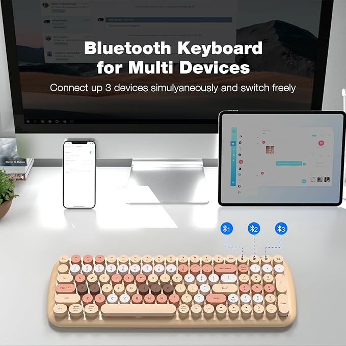MOFII Wireless Bluetooth Keyboard for Mac, iPad, iPhone, PC, Laptop & Android, Connect up to 3 Devices Simultaneously, Portable 100-Key Typewriter Retro Round Keycaps Keyboard- Milk Tea Colorful