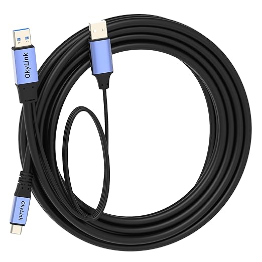 OkyLink Active USB 3.0/3.2 Gen1 A to C Data Cable 15ft/5M – High-Speed 5Gbps, Signal Booster, Optional Power, Long-Distance Data Cable for VR, Portable Hard Drive, Docking Station, Printer