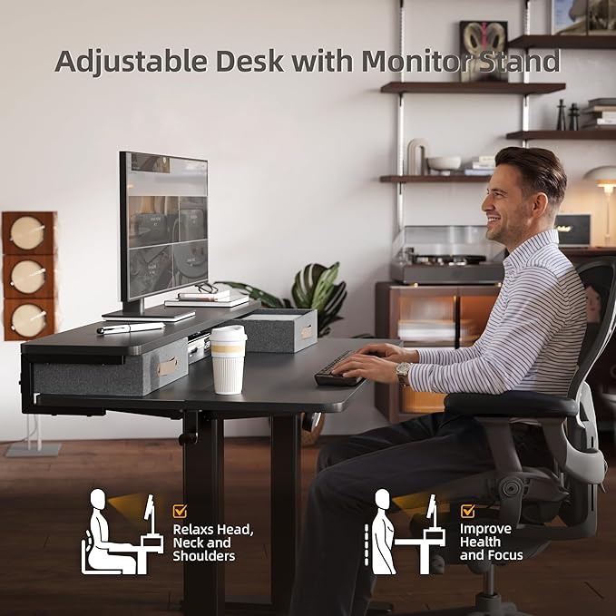 Seang Electric Standing Desk with 2 Drawers, Adjustable Standing Desk with Storage Shelf, Height Adjustable Stand up Desk for Home Office with 3 Presets & 2 Hooks, 48 Inch, Black