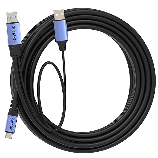 OkyLink Active USB 3.0/3.2 Gen1 A to C Data Cable 32ft/10M – High-Speed 5Gbps, Signal Amplifier, Optional Power, Long-Distance Cable for VR, Portable Hard Drive, Docking Station, Printer