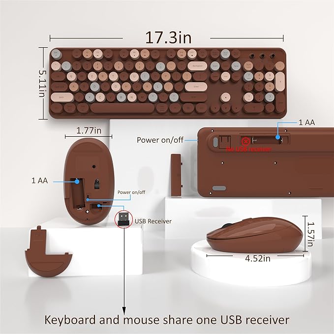Wireless Keyboard and Mouse, Full-Size Retro Typewriter Keyboard with Round Keycaps, 2.4GHz for Windows, Mac, Laptop, PC, Desktop (Coffee Colorful)