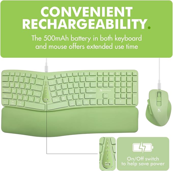 X9 Ergonomic Keyboard and Mouse Wireless Combo - Green Split Keyboard and Mouse Set, Bluetooth/2.4G, Soft Wrist Rest, Rechargeable, Silent Keys, Multi-Device for Laptop, PC, Mac, iOS, Android
