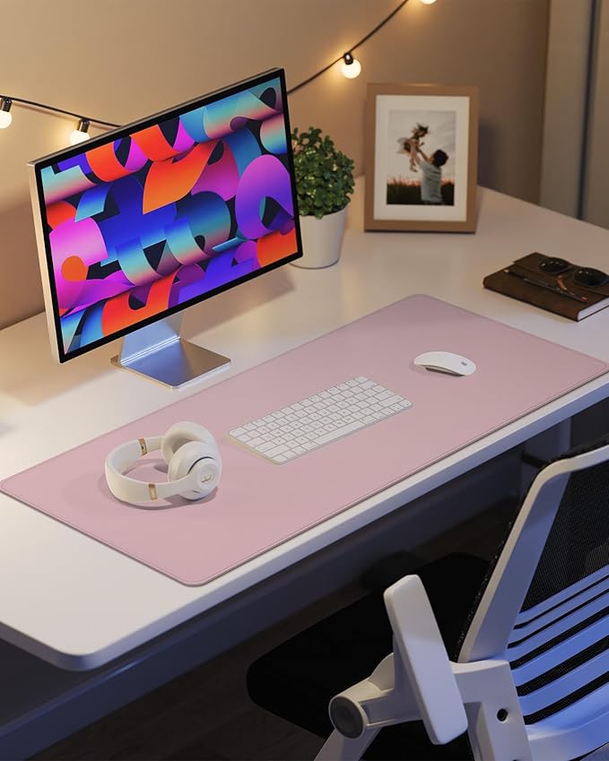 Leather Desk Pad Protector, Mouse Pad, Office Desk Mat, Non-Slip PU Leather Desk Blotter, Laptop Desk Pad, Waterproof Desk Writing Pad for Office and Home (Light Pink, 31.5" x 15.7")
