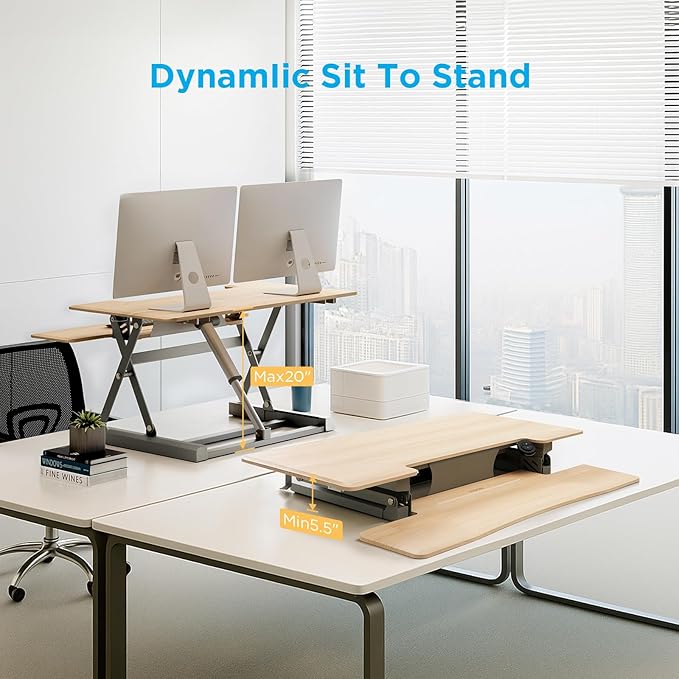 46" Electric Standing Desk Converter, Dyropcurv Series Height Adjustable Computer Desk Ergonomic Home Office Desk for Adults, Sit to Stand Desk with Quiet Motor, Light Wood