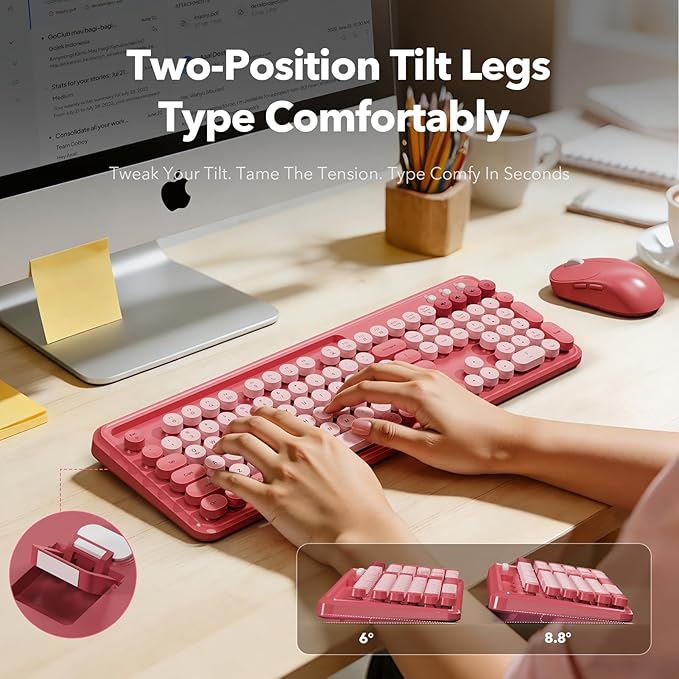 Wireless Keyboard and Mouse Combo, Cute Full-Size Typewriter-Style Keyboard, Retro Round Keycaps, Phone/Tablet Holder, 3-Level DPI Mouse, 2.4GHz Cordless for Mac Windows PC Laptop, Trueque CK13, Pink