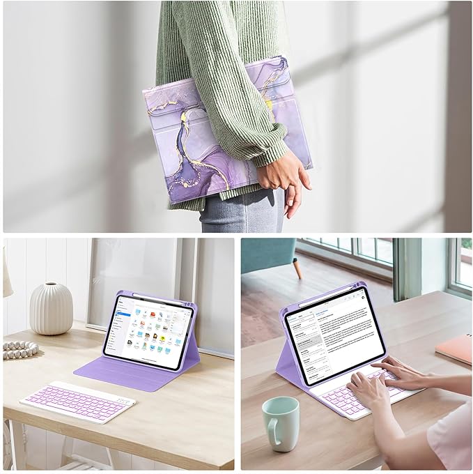 Soke for iPad (A16) 11th/10th Generation Case with Keyboard(2025/2022)-7 Color Backlight Wireless Detachable Folio Keyboard Cover with Built-in Pencil Holder for iPad 11/10.9 inch, Violet Marble