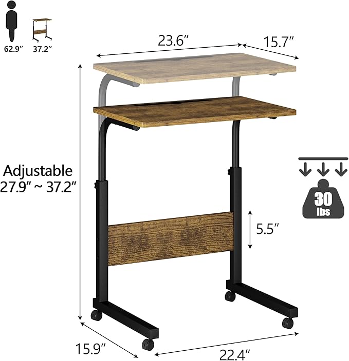 Klvied Standing Desk Adjustable Height, Stand Up Desk with Cup Holder, Portable and Easy to Move Bedside Table, Ideal for Home or Office, Walnut