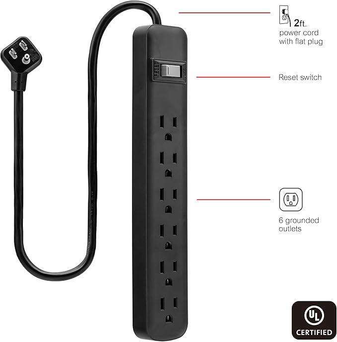 GE 6-Outlet Power Strip, 2 Ft Extension Cord, Heavy Duty Plug, Grounded, Integrated Circuit Breaker, 3-Prong, Wall Mount, ETL Listed, Black, 14831 (Pack of 4)