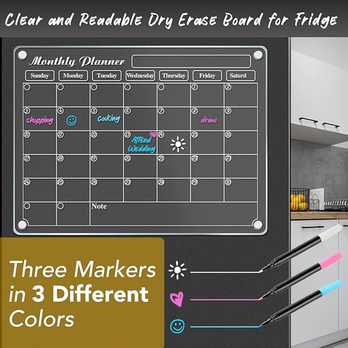 DIYMAG Magnetic Calendar for Refrigerator Dry Erase Whiteboard 15.2"x11.2" Magnet Fridge Monthly White Board Planning Acrylic Clear Chalkboard Apartment Decor Meal Planner with 3 Colors Markers